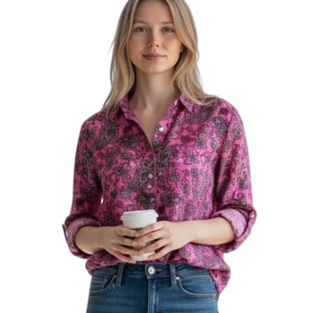 J. Jill Pink Paisley Cotton Button Down Roll Tab Sleeve Shirt size M Office Boho
